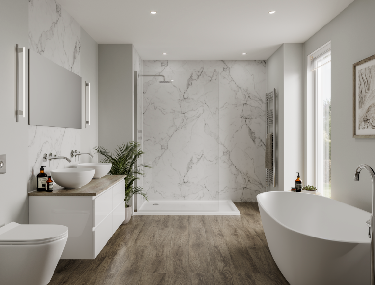 Łazienka z panelami Multipanel Calacatta Marble - ściana prysznica bez fug