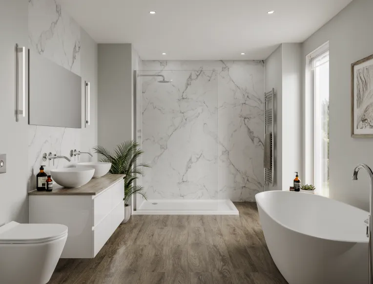 Łazienka z panelami Multipanel Calacatta Marble - ściana prysznica bez fug