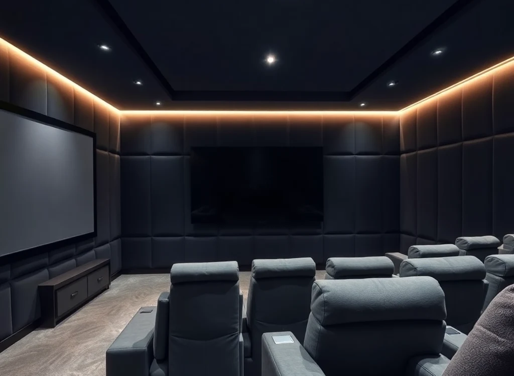 Sala kinowa z tapicerowanymi panelami akustycznymi
