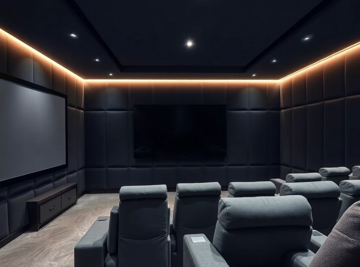 Sala kinowa z tapicerowanymi panelami akustycznymi
