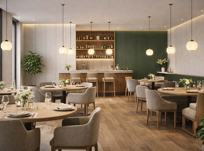 Restauracja z tapicerowaną ścianą akustyczną