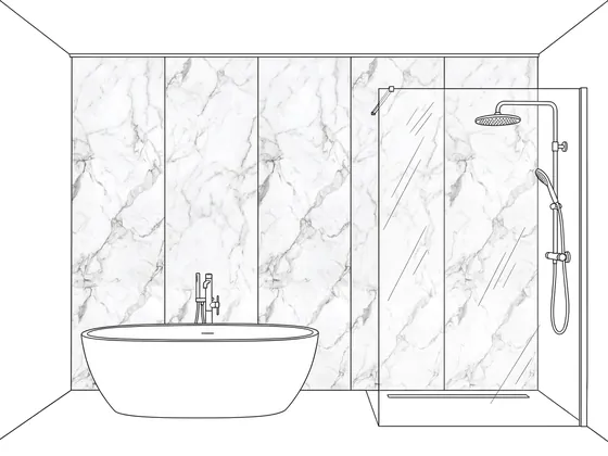 Drawing of a bathroom where the wall behind the bath and shower is clad floor to ceiling in white marble-finish bathroom panels