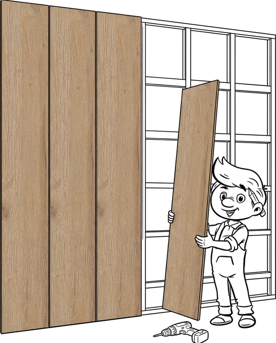 Stramek wstawia panel w dekorze dębu w wolne pole rusztu obok zamontowanych paneli